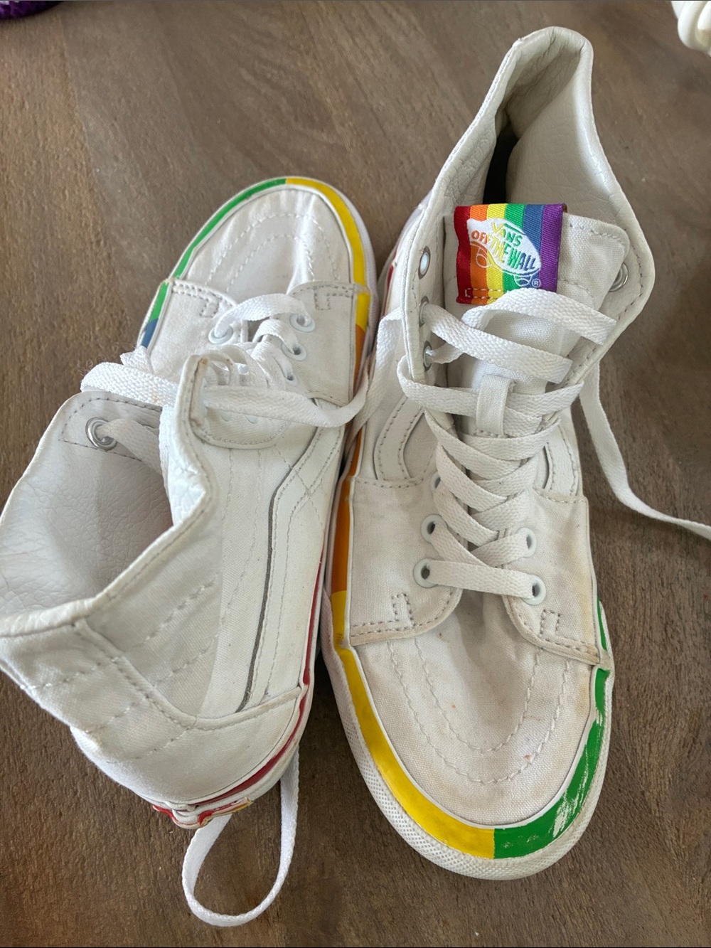 Vans White Canvas Sneakers with Rainbow Stripe Trim
